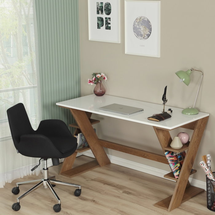 Hanah Home Lungo Escritorio de Estudio Roble Oscuro y Blanco